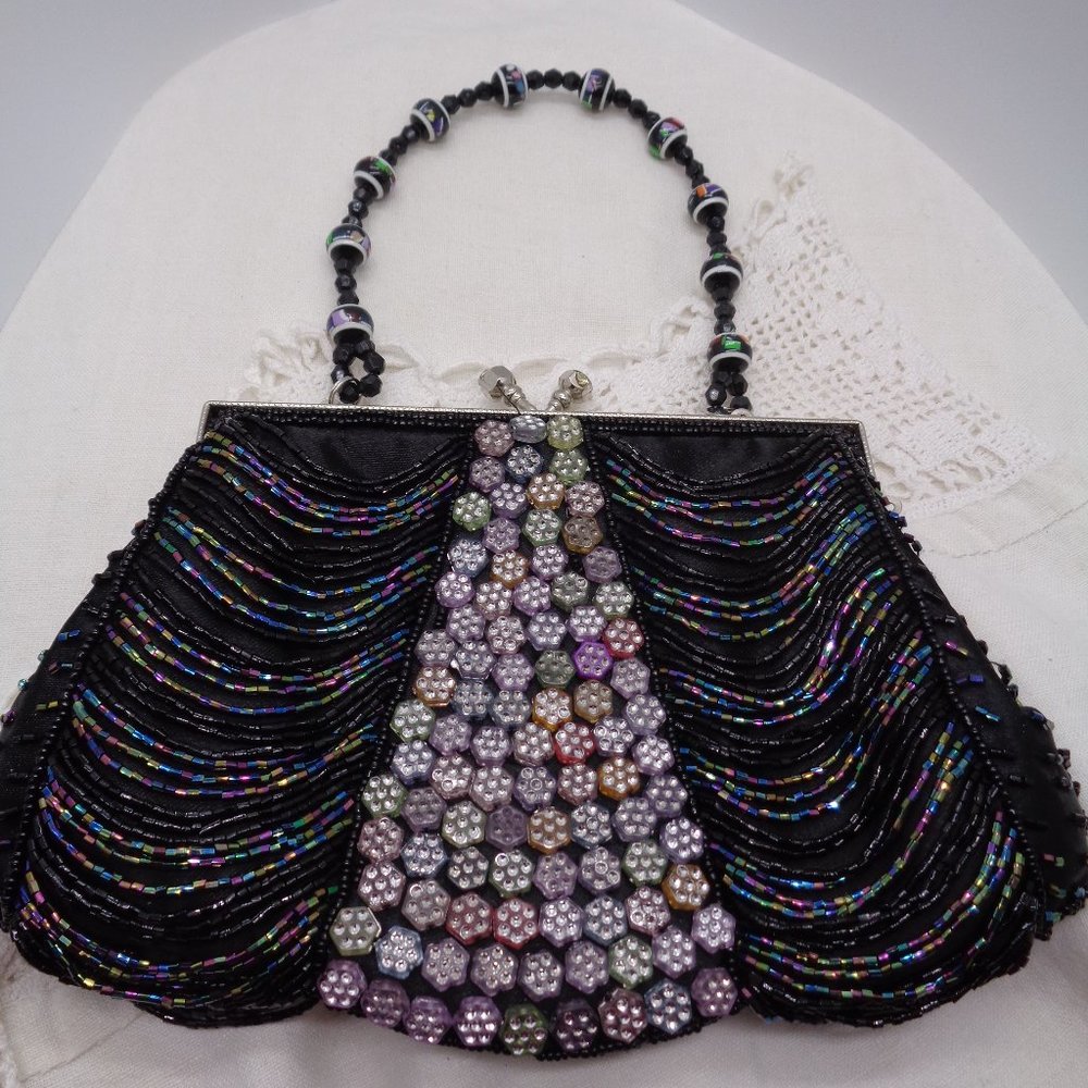 Vintage inspired Black Drape Bead & Flower Bead Evening Bag Purse